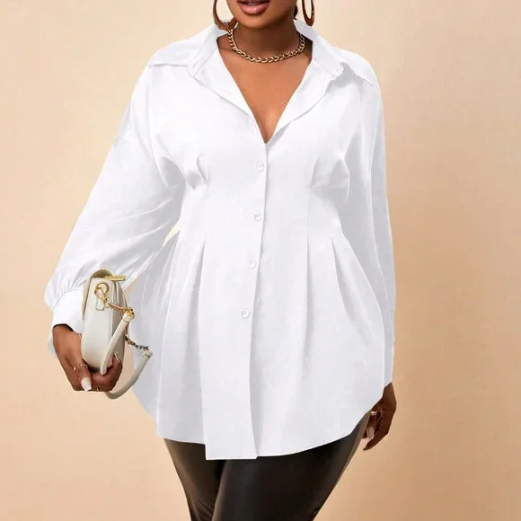 White Casual Women's Plus Size Long Sleeve Blouse Shirt - Picture 5 of 5